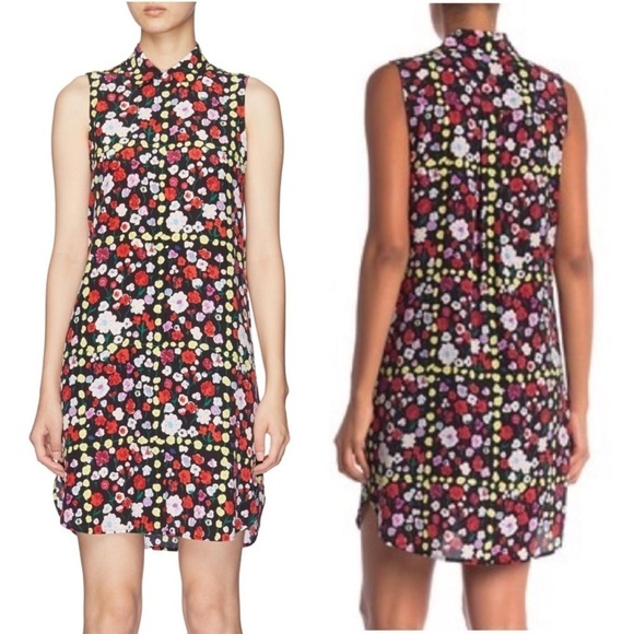 Equipment Janna Silk Sleeveless Shirt Dress Black White Floral Grid Size Medium - Picture 1 of 15